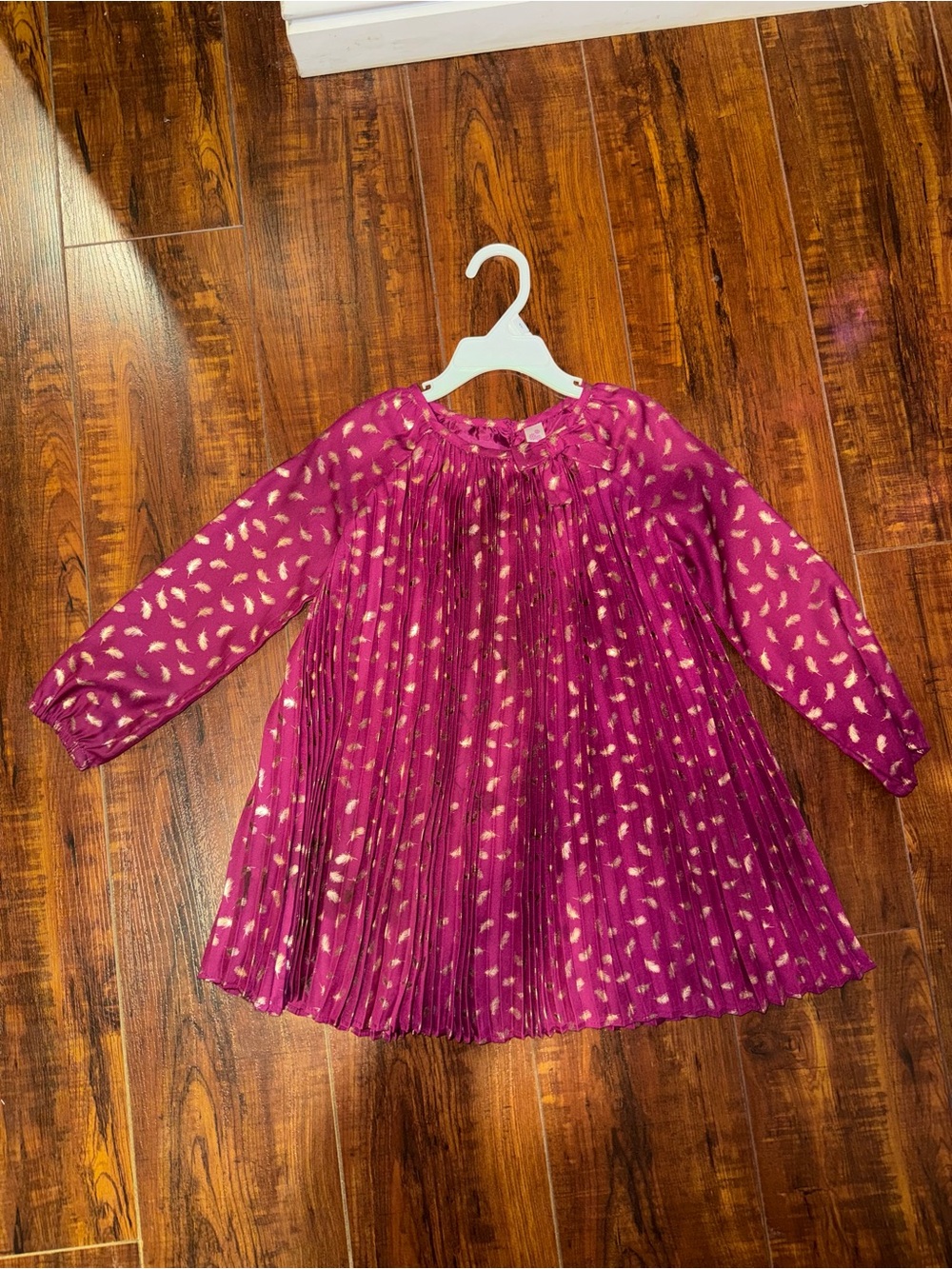 Cherokee Fuchsia Pleated Dress with Gold Feather Print